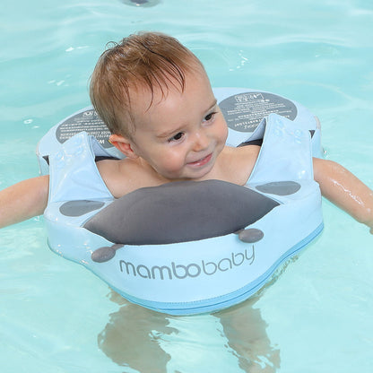 Flotador de hombros sin aire Mambobaby™ Mariquita – Ayuda para nadar sin aire azul cielo con reposacabezas gris y capota...