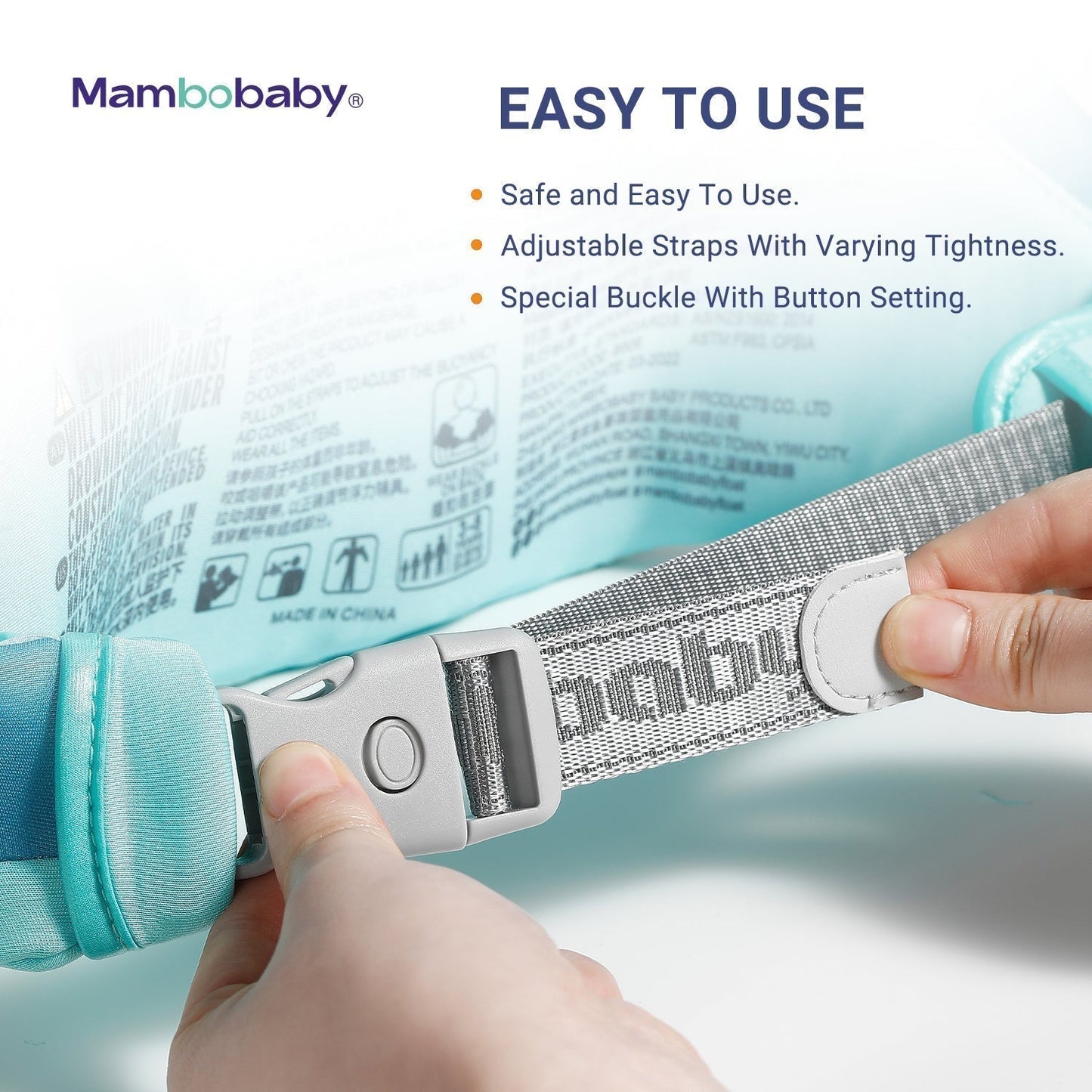 Ayuda de natación Mambobaby™ azul con hebilla y correa ajustable en el arnés